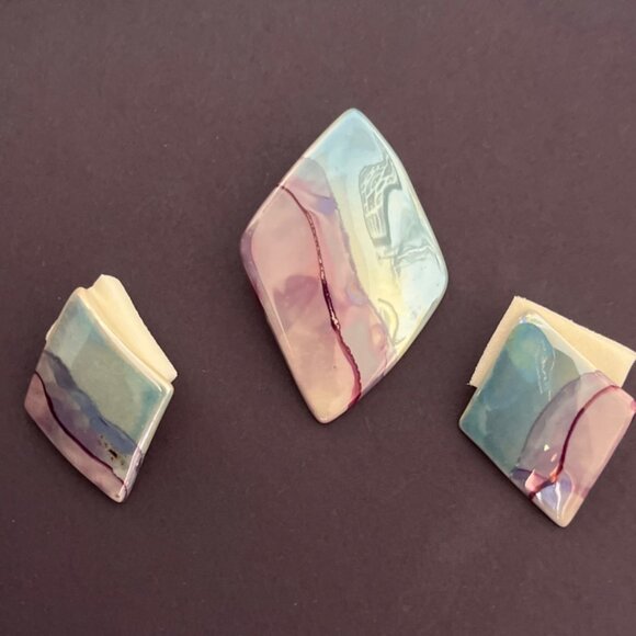 Vintage Abstract Ceramic Brooch & Earrings Set - Picture 1 of 5
